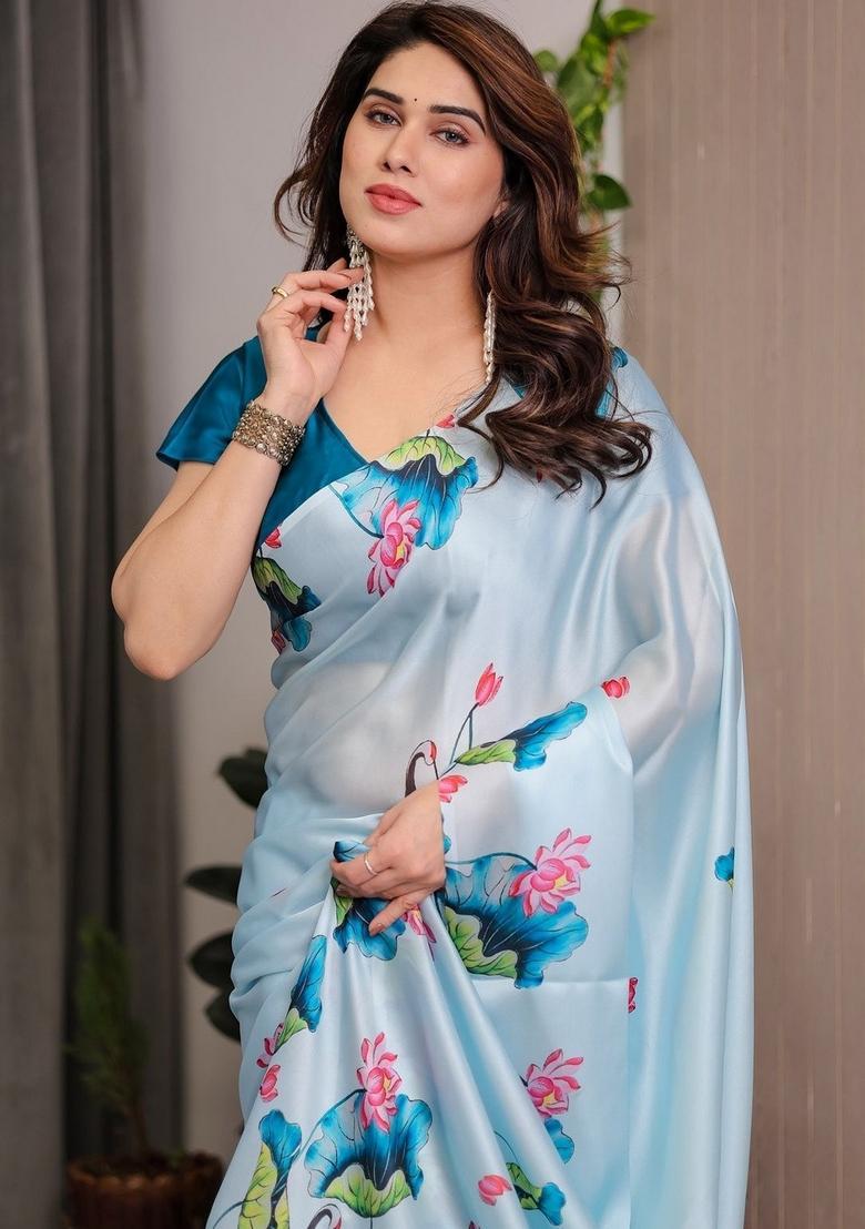 Sky Blue Printed Silk Saree Set - Indya