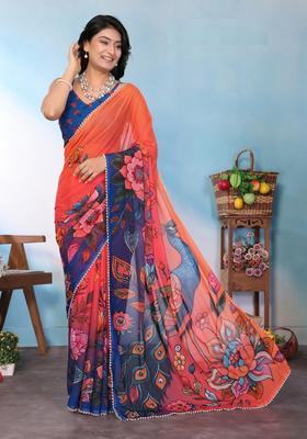 Blue Printed Silk Saree Set