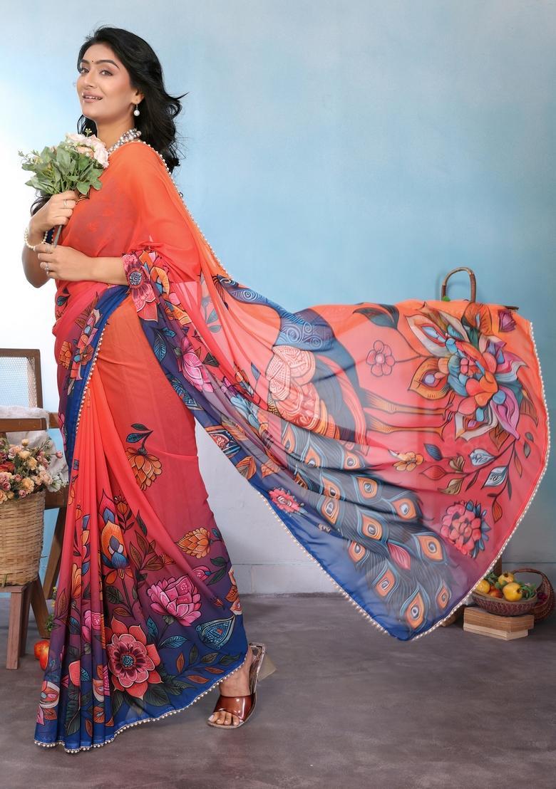 Blue Printed Silk Saree Set - Indya