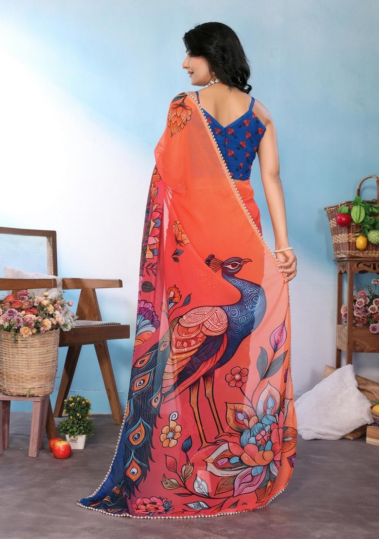 Blue Printed Silk Saree Set - Indya