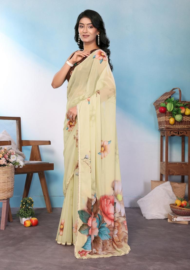 Cream Printed Silk Saree Set - Indya