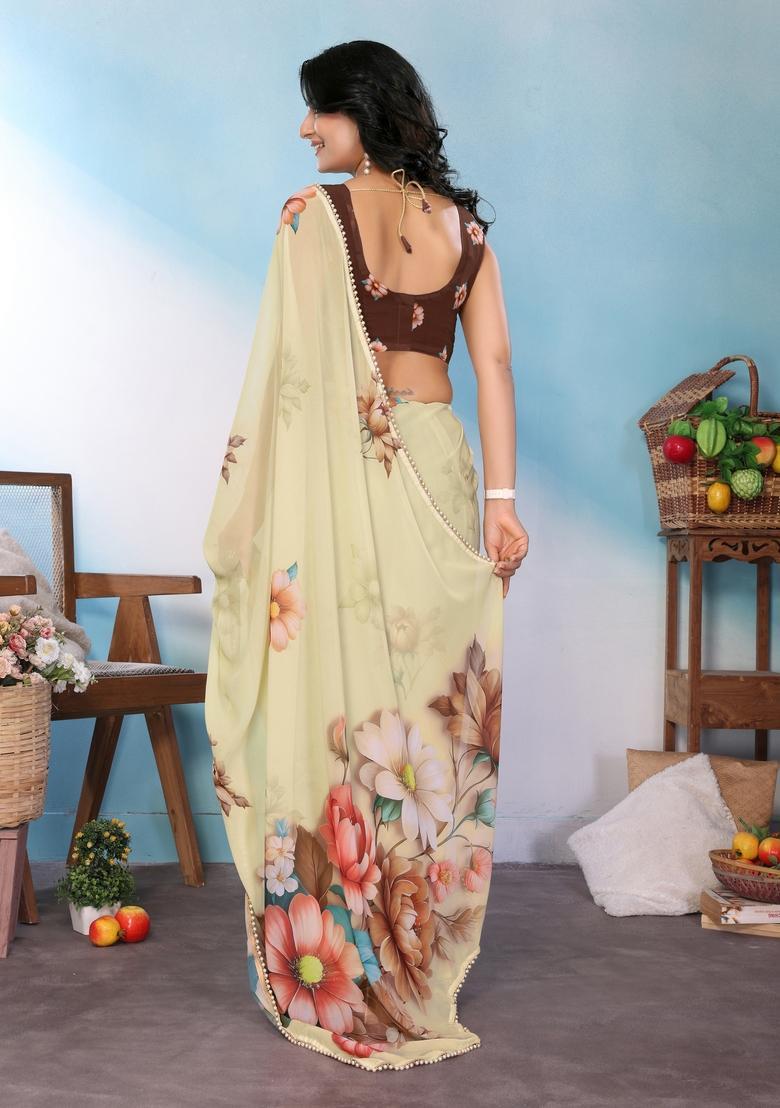 Cream Printed Silk Saree Set - Indya