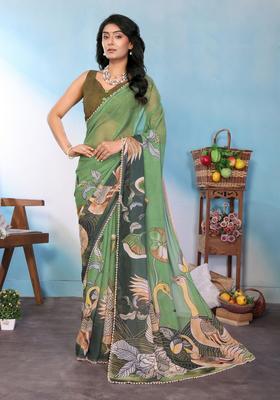Green Printed Silk Saree Set