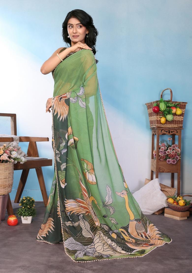Green Printed Silk Saree Set - Indya