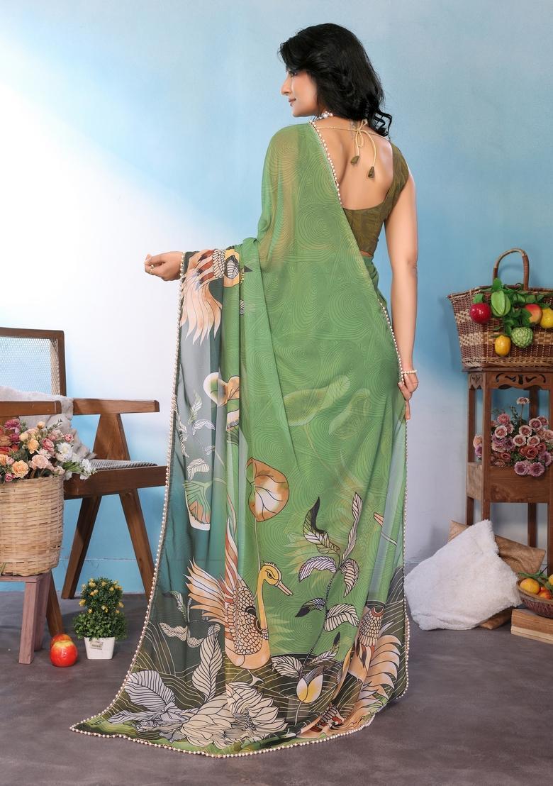 Green Printed Silk Saree Set - Indya