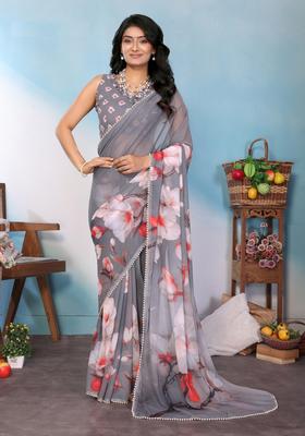Grey Printed Silk Saree Set