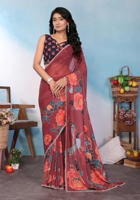 Maroon Printed Silk Saree Set