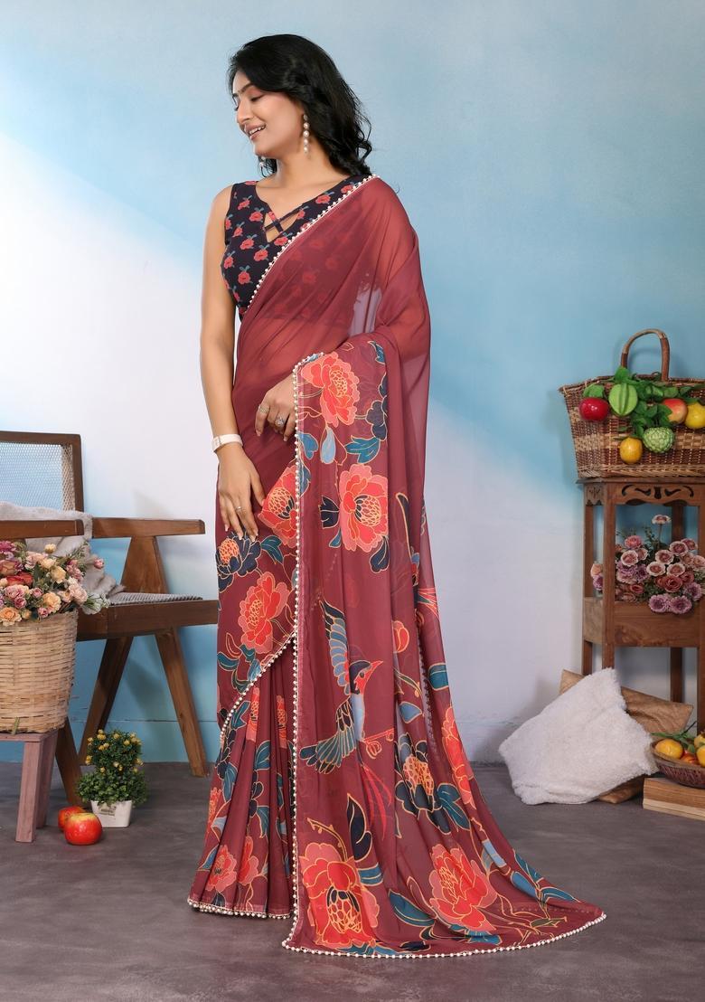 Maroon Printed Silk Saree Set - Indya