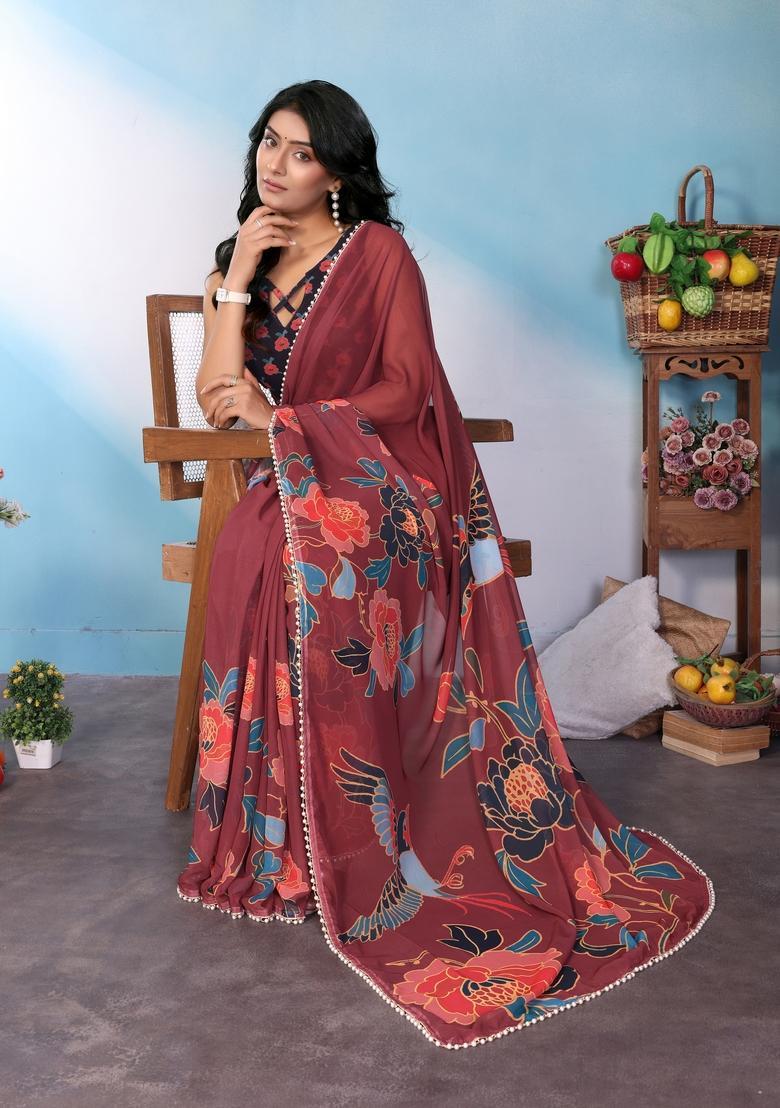 Maroon Printed Silk Saree Set - Indya