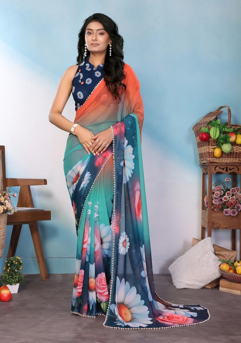 Morpeach Printed Silk Saree Set - Indya