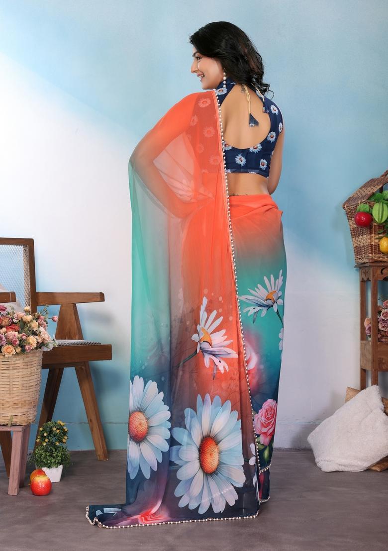 Morpeach Printed Silk Saree Set - Indya