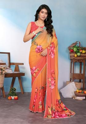 Orange Rama Printed Silk Saree Set