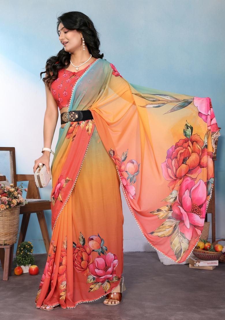 Orange Rama Printed Silk Saree Set - Indya