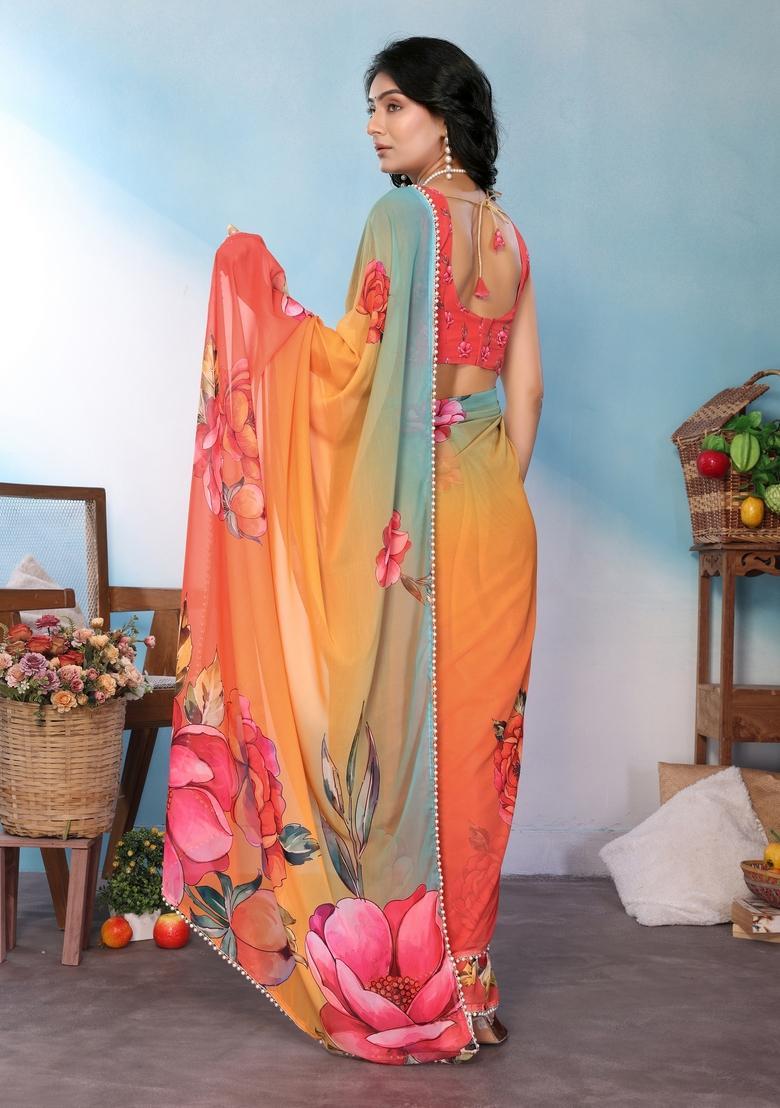 Orange Rama Printed Silk Saree Set - Indya