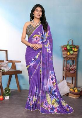 Purple Printed Silk Saree Set