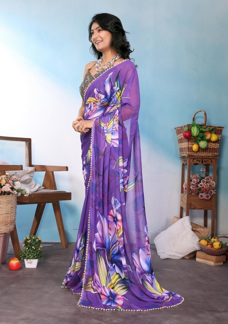 Purple Printed Silk Saree Set - Indya