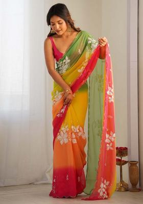Green Pink Embroidered Silk Saree Set