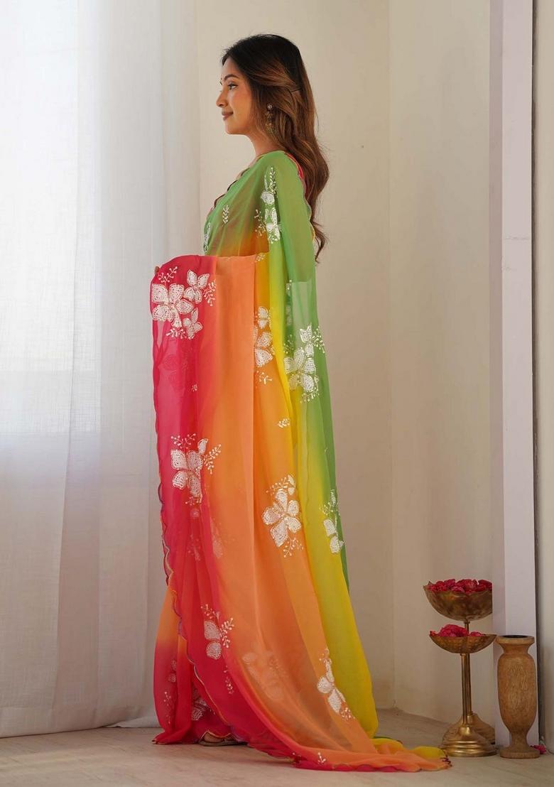 Green Pink Embroidered Silk Saree Set - Indya