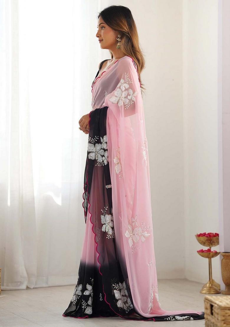 Black Embroidered Silk Saree Set - Indya