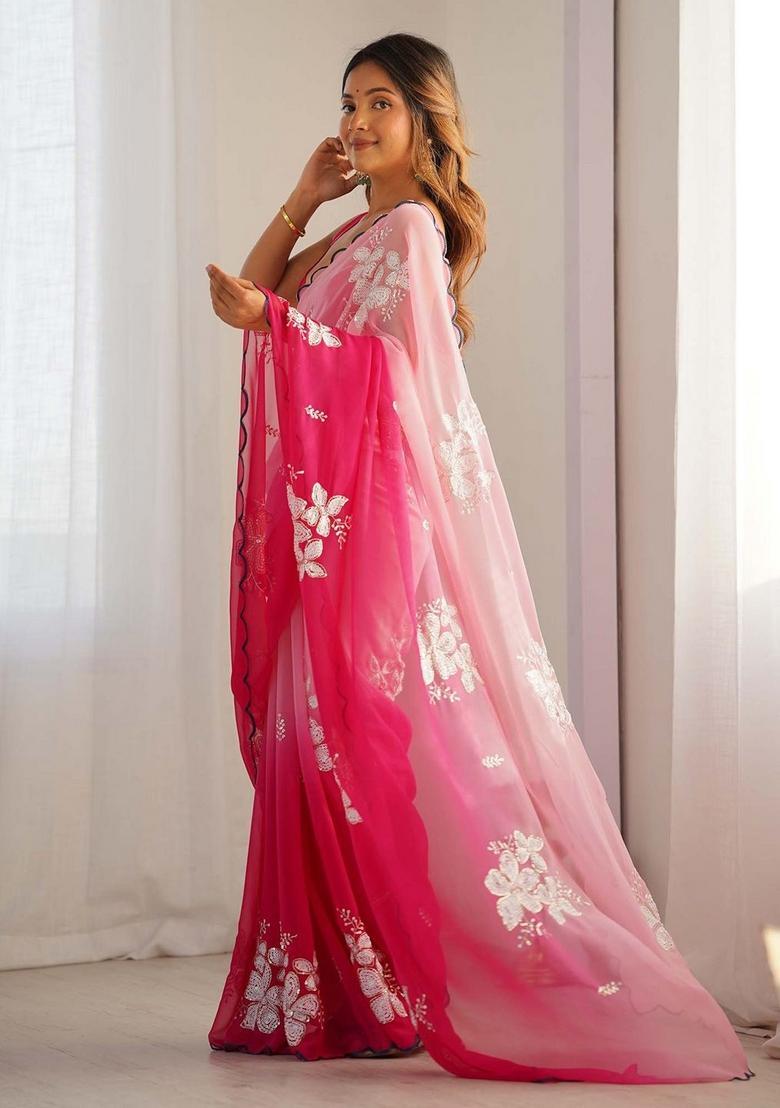 Rose Pink Embroidered Silk Saree Set - Indya