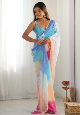 Sky Pink Embroidered Silk Saree Set