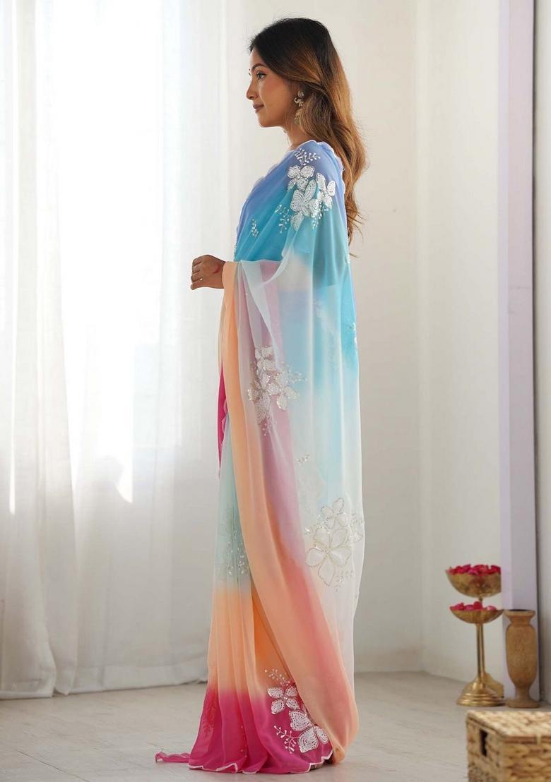 Sky Pink Embroidered Silk Saree Set - Indya