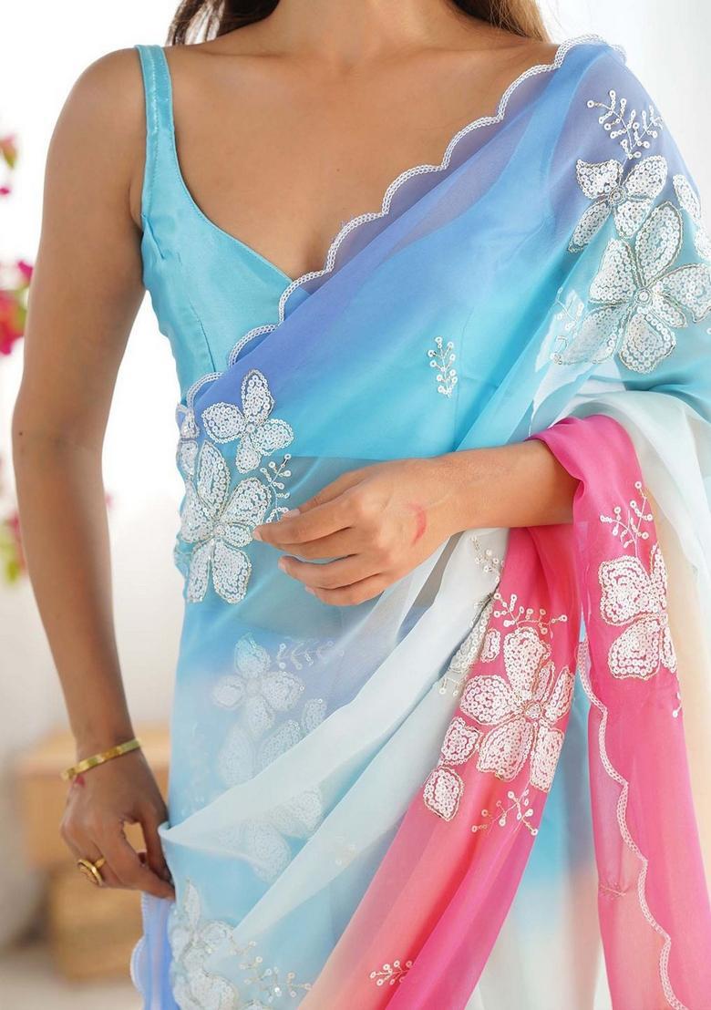 Sky Pink Embroidered Silk Saree Set - Indya