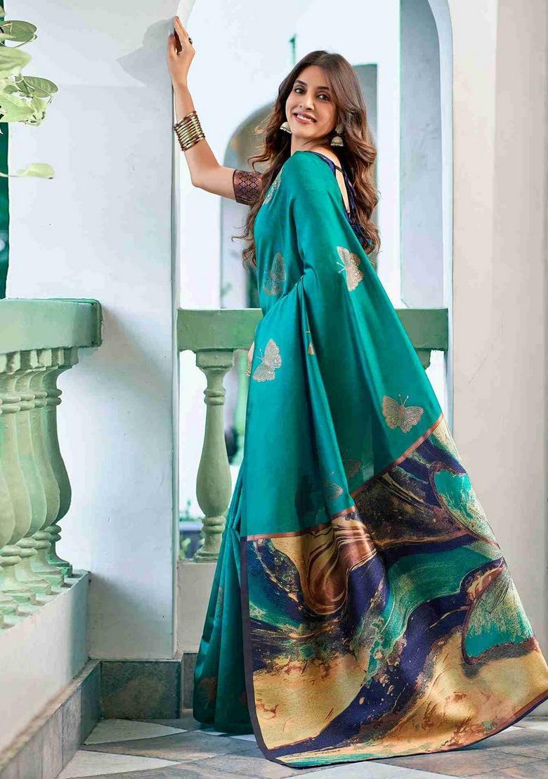Firozi Weaving Design Silk Saree Set - Indya