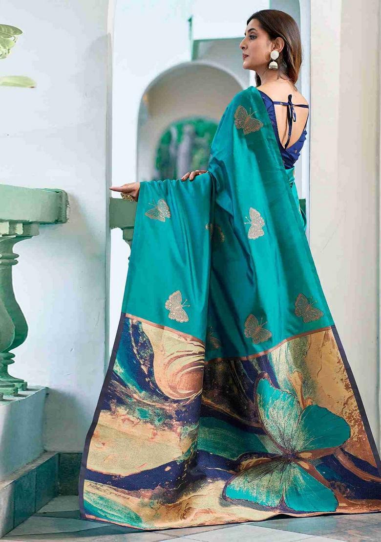 Firozi Weaving Design Silk Saree Set - Indya