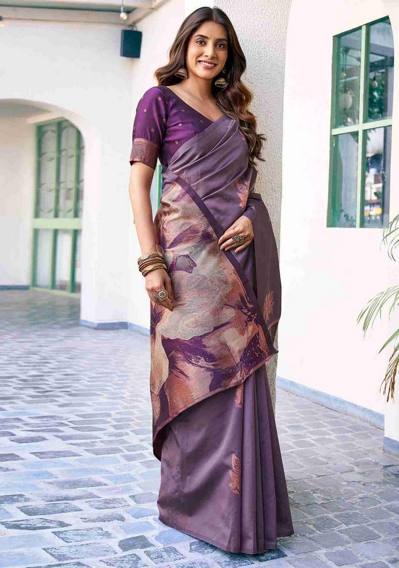 Purple Weaving Design Silk Saree Set - Indya