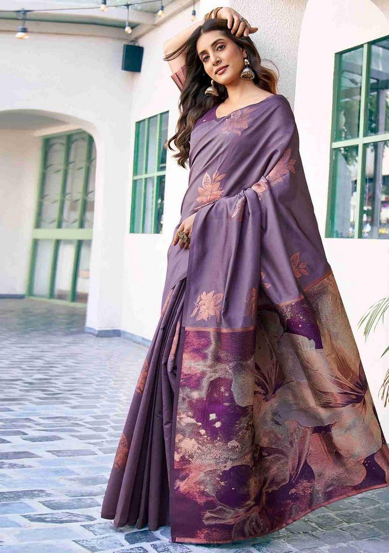 Purple Weaving Design Silk Saree Set - Indya