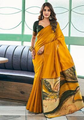Yellow Weaving Design Silk Saree Set