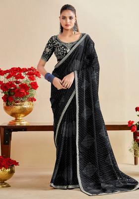 Black Printed Chiffon Saree Set