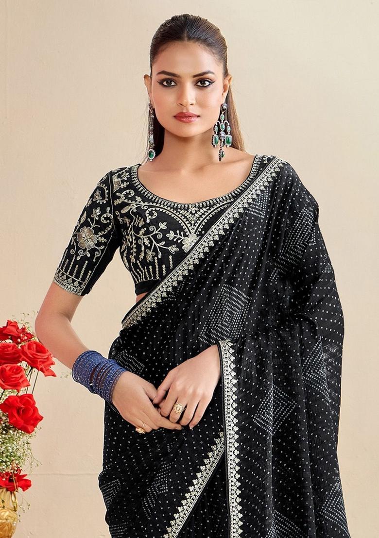 Black Printed Chiffon Saree Set - Indya