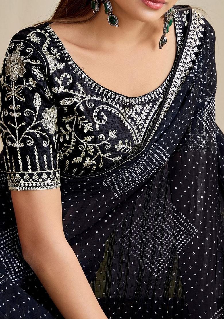 Black Printed Chiffon Saree Set - Indya