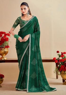 Green Printed Chiffon Saree Set