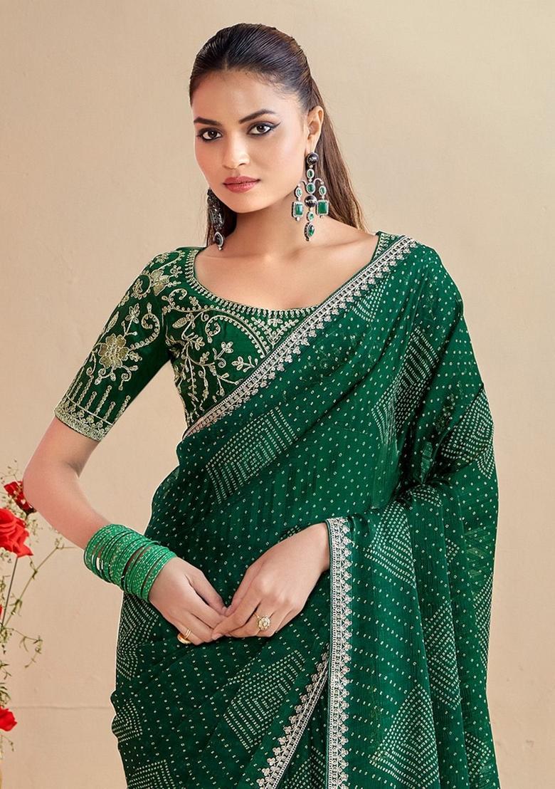 Green Printed Chiffon Saree Set - Indya