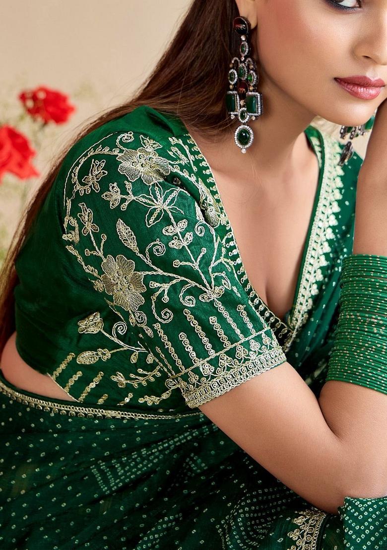 Green Printed Chiffon Saree Set - Indya