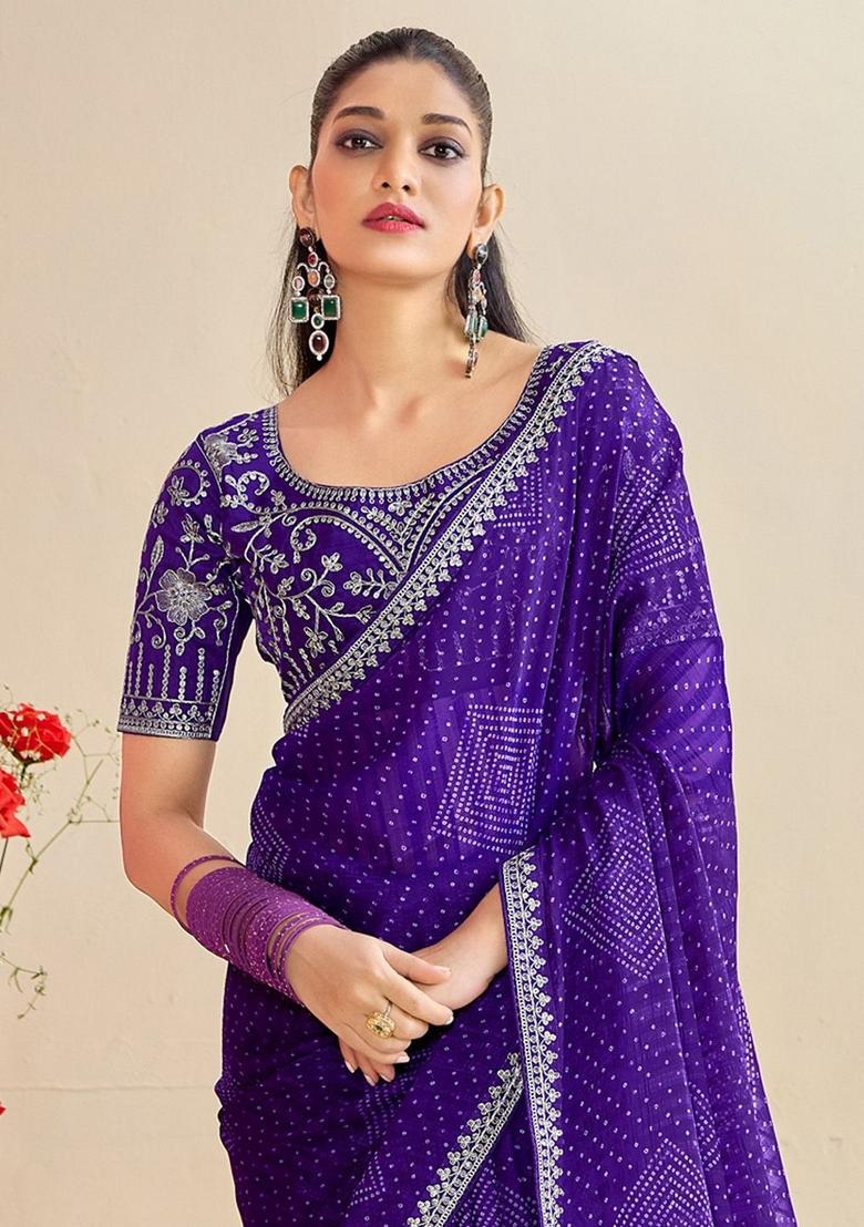 Violet Printed Chiffon Saree Set - Indya