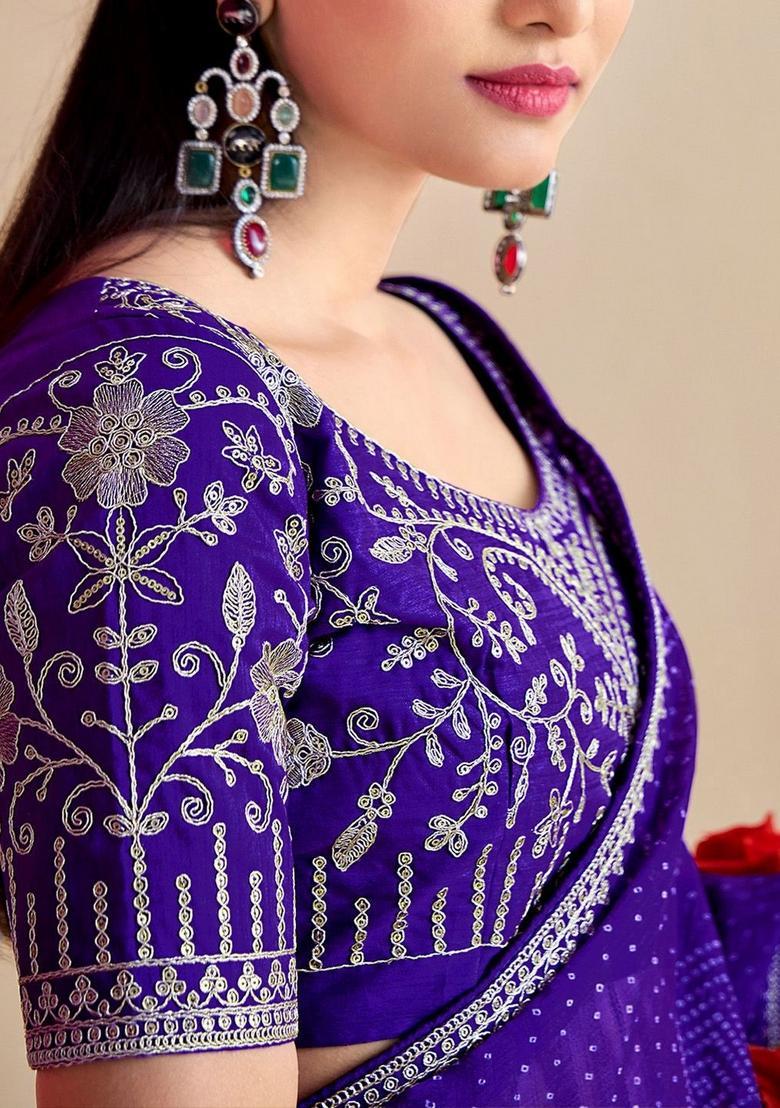 Violet Printed Chiffon Saree Set - Indya