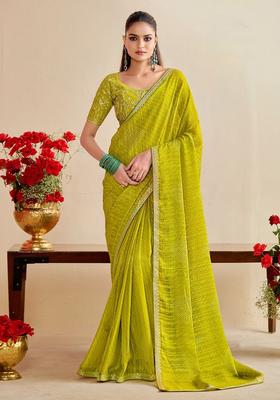 Olive Green Printed Chiffon Saree Set