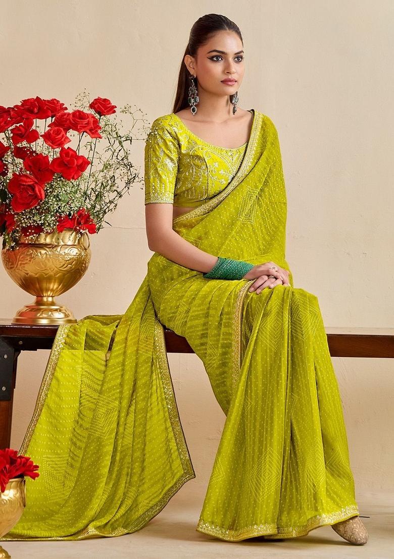 Olive Green Printed Chiffon Saree Set - Indya