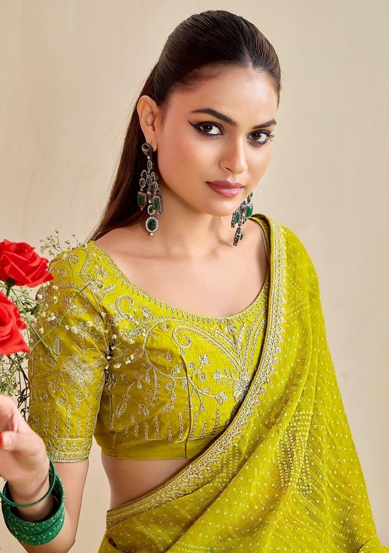 Olive Green Printed Chiffon Saree Set - Indya