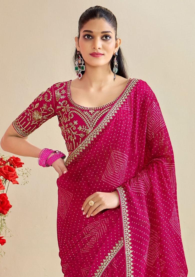Pink Printed Chiffon Saree Set - Indya