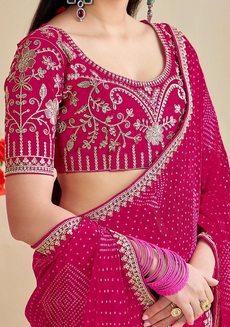 Pink Printed Chiffon Saree Set - Indya