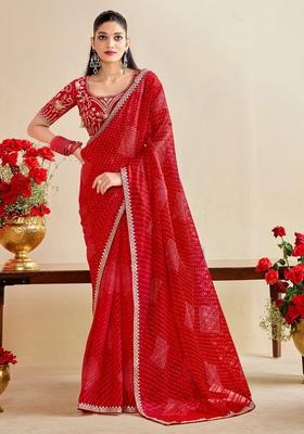 Red Printed Chiffon Saree Set