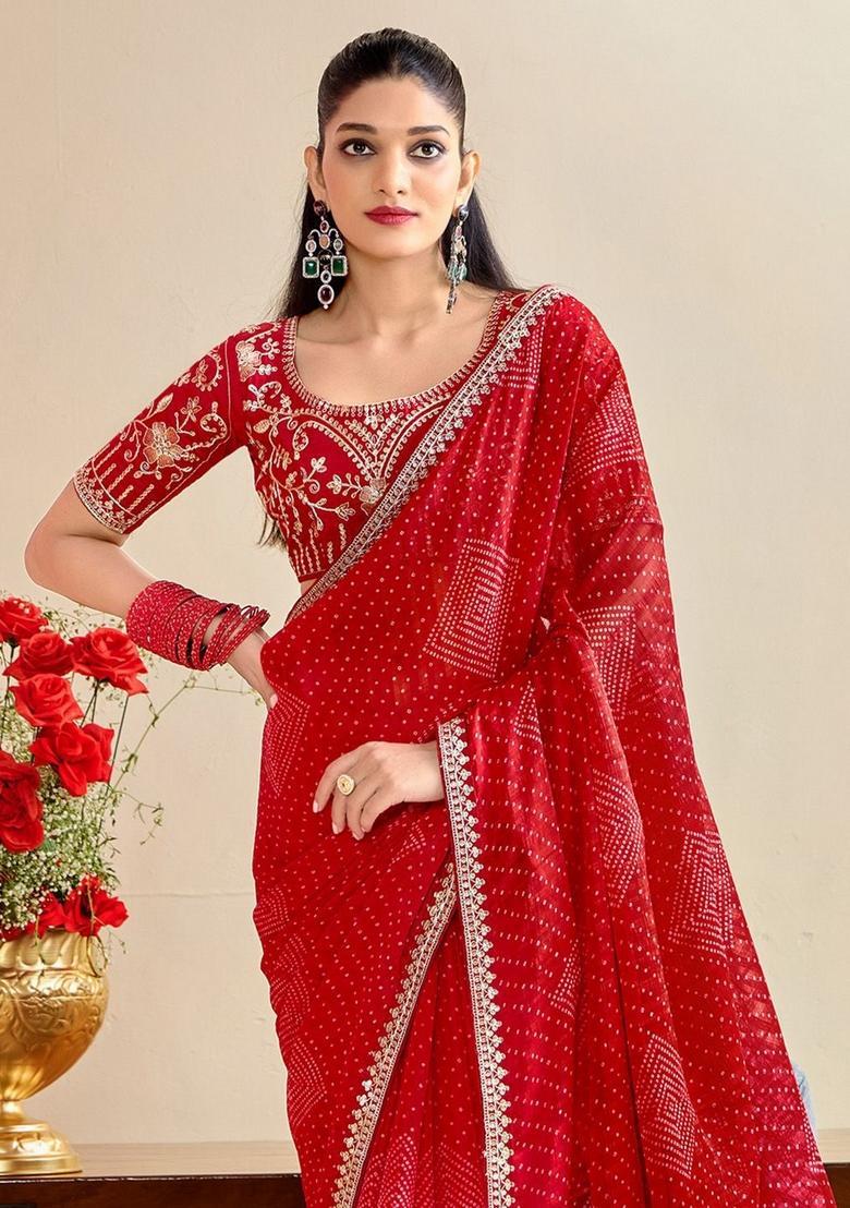 Red Printed Chiffon Saree Set - Indya