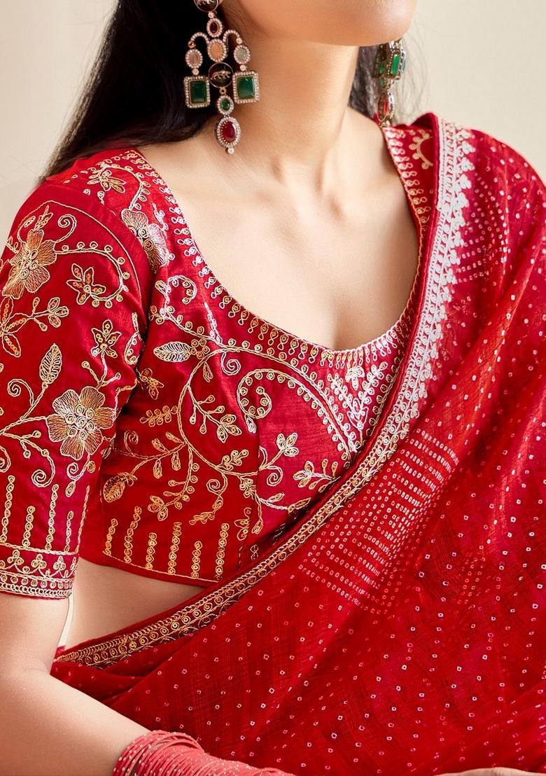 Red Printed Chiffon Saree Set - Indya