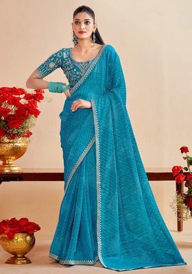 Sky Blue Printed Chiffon Saree Set