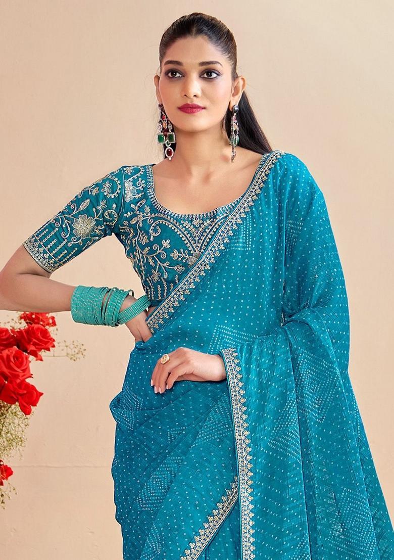 Sky Blue Printed Chiffon Saree Set - Indya